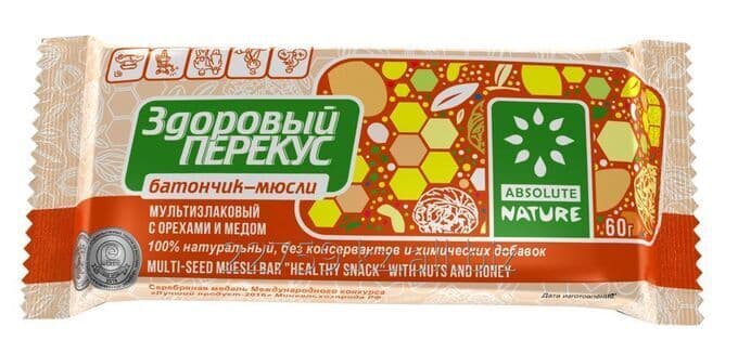 Батончик Здоровый перекус мюсли с орехами и медом 55г