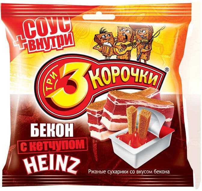 Сухарики Три Корочки бекон 60г+кетчуп Хайнц 25г