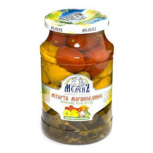 Ассорти маринованное патиссоны черри,огурцы 900г Меленъ
