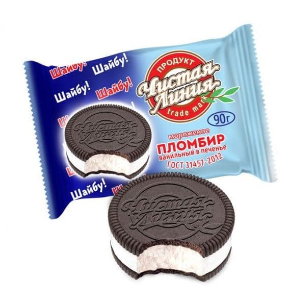 Мороженое Шайба сэндвич пломбир ван.в печенье 90г Чистая Линия